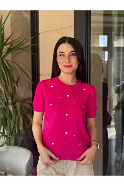 Bliss Dale Yıldız Motif İşleme Detaylı Kısa Kollu Kazak