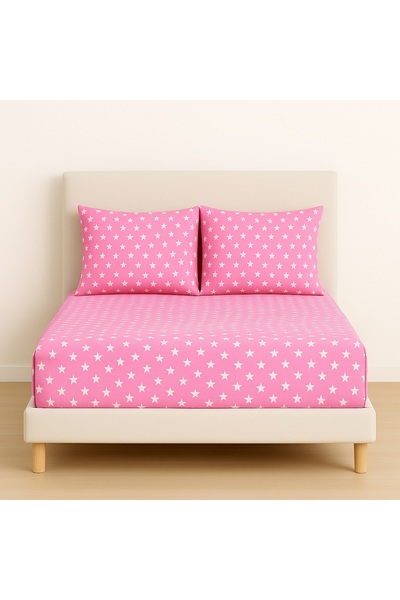 Ezgi Patterned 140 X 200 cm Pink Star Elastic Sheet and 2 Pillowcases