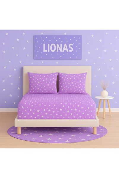 Ezgi Patterned 160 X 200 cm Double Lilac Star Fitted Sheet and 2 Pillowcases