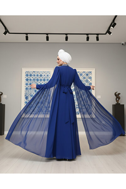 ALA MİRA Kolu Pelerin Taşlı Sax Tesettür Abiye Elbise ALM52911SX