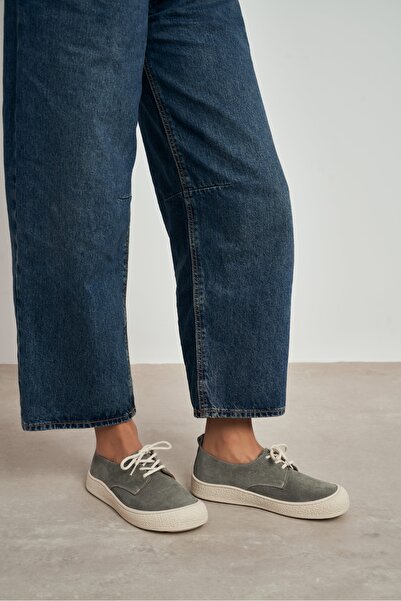 NİŞANTAŞI SHOES Space Gray Genuine Leather Suede Lace-Up Casual Sneaker Women's Shoes