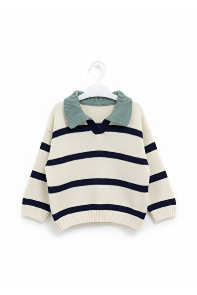 imoop design Kids Ecru Polo Neck Striped Knit Sweater