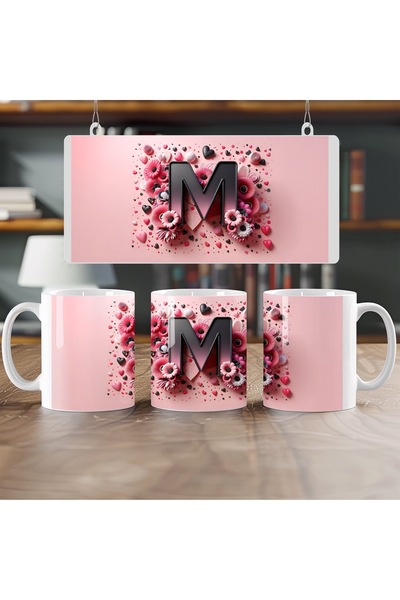 Beramussa كوب بحرف أولي M، كوب مطلي بالكامل بألوان وردية مع قلب، هدية للأصدقا...