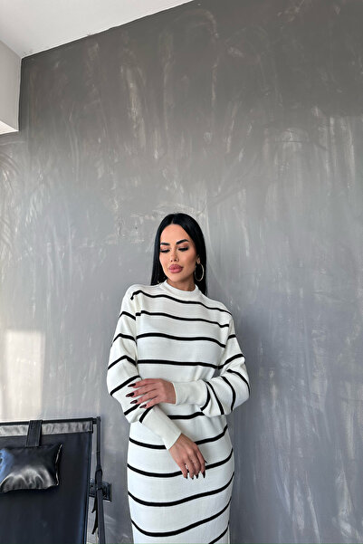 kamacibutik guler rotund Rochie tricotată cu dungi