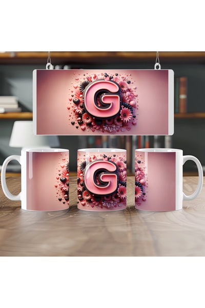 Beramussa G Baş Harf Kupa, Kalpli Full Kaplama Pembe Tonlarında Kupa, Arkadaşa Öğretmene Hediye
