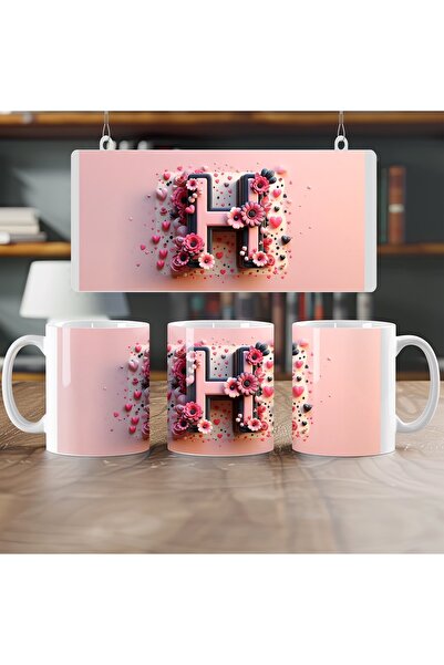 Beramussa كوب بحرف H، كوب مطلي بالكامل بألوان وردية مع قلب، هدية للأصدقاء أو ...