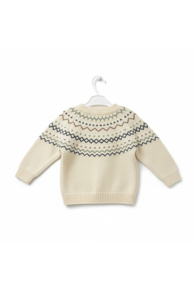 imoop design Kids Ecru Crew Neck Jacquard Knit Sweater