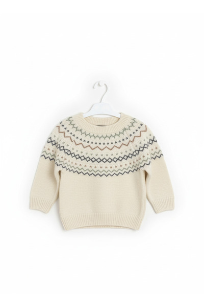 imoop design Kids Ecru Crew Neck Jacquard Knit Sweater