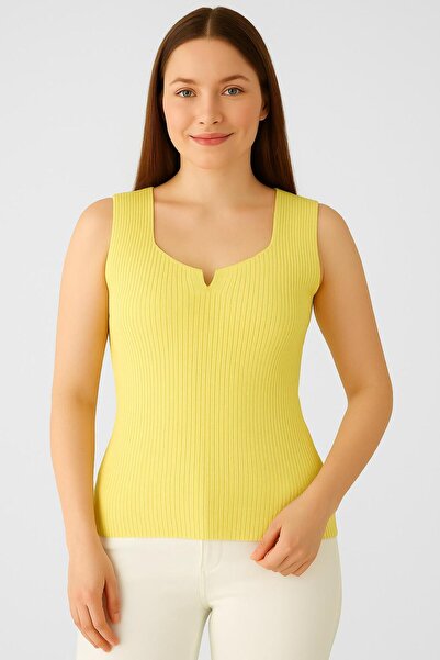 TİSTA Yellow Knitwear High Quality Thick Strap Sleeveless Blouse Ribbed Stretchy Soft Slim Square Neck