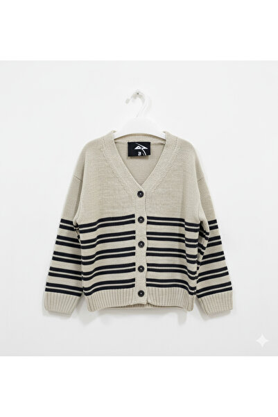 imoop design سترة تريكو للأطفال باللون البيج وياقة على شكل حرف V وأزرار مخططة