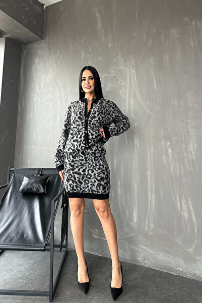 kamacibutik Crew Neck Leopard Print Double Knit Dress