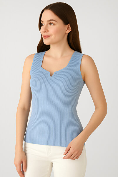 TİSTA Baby Blue Knitwear Υψηλής ποιότητας Αμάνικη μπλούζα με χοντρά λουράκια με ριμπέλ ελαστικό μαλακό λεπτό τετράγωνο γιακά