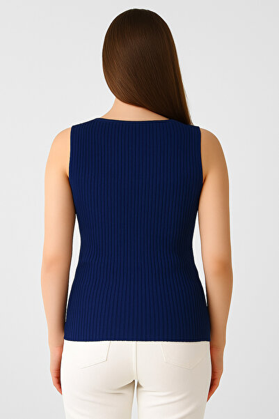 TİSTA Navy Blue Knitwear High Quality Thick Strap Sleeveless Blouse Ribbed Stretchy Soft Slim Square Neck