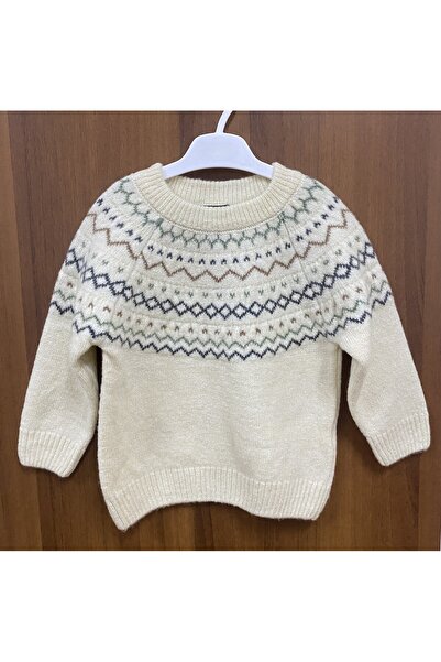 imoop design Kids Ecru Crew Neck Jacquard Knit Sweater