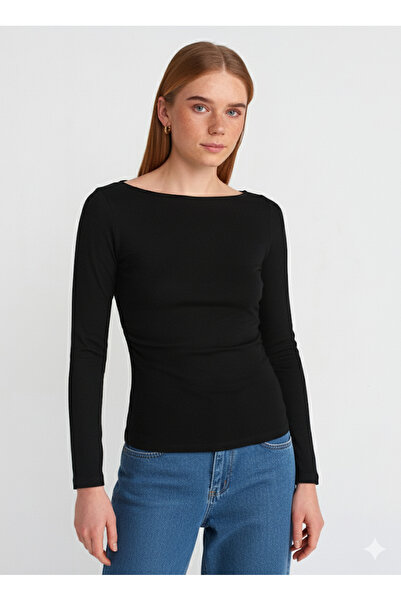Dilvin 31401 Gathered Boat Neck Top-Black