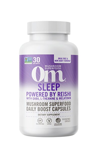 Om كبسولات النوم الفطرية مع الريشي، وحمض جاما أمينوبوتيريك، وإل-ثيانين، والمي...