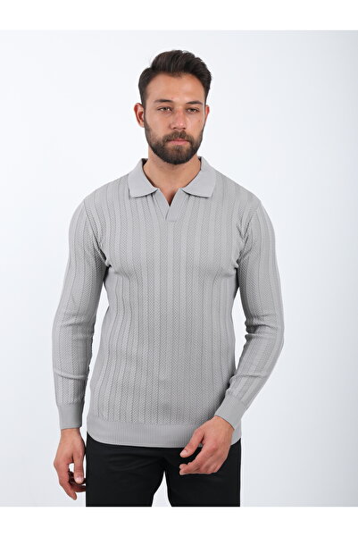 VALERO Men's Standard Fit Ribbed Textured Polo Neck Long Sleeve Gray Knit Sweater
