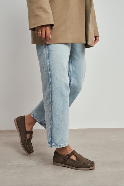 NİŞANTAŞI SHOES Gavin Koyu Бежеві Шкіряні Суети Плоска Підошва З Застібкою Mary Jane Loafer Жіноче Взуття
