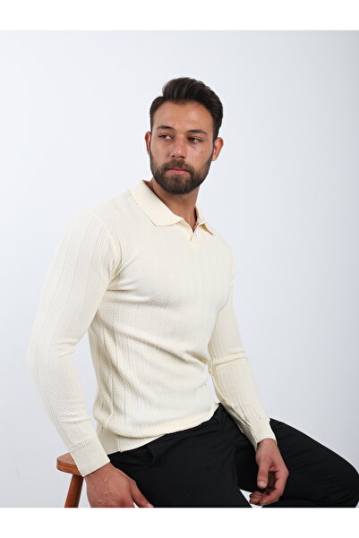 VALERO Men's Standard Fit Ribbed Textured Polo Neck Long Sleeve Ecru Knit Sweater