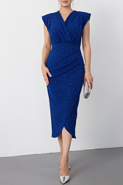 MILANOFOX Kruvaze Yaka Taş Detaylı Eteği Anvelop Midi Elbised