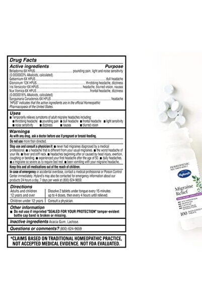 Hyland's Migraine Headache Natural Pain Relief Tablets, Pack of 1, 100 Count (Packaging May Vary)