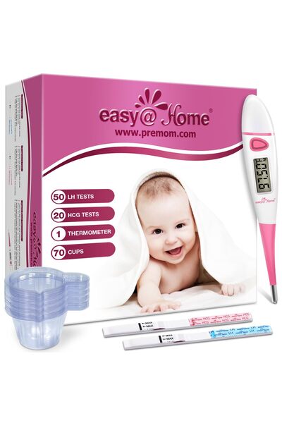 Easy Home sa مجموعة اختبار الإباضة: 50 شريطًا، 20 اختبار حمل، ومقياس حرارة درجة حرارة الجسم الأساسية