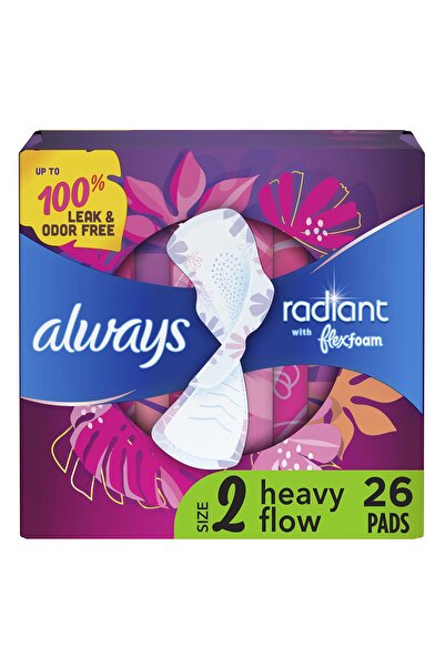 Always فوط صحية نسائية متألقة، مقاس 2، تدفق كثيف مع أجنحة، 26 قطعة
