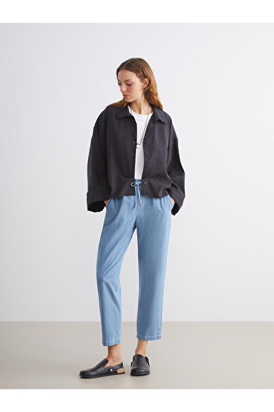 LC Waikiki Pantaloni de damă din denim Carrot Fit cu talie elastică albastră