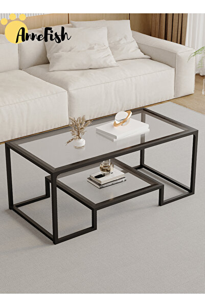 AnneFish 100*50*46cm Tempered Glass Double Layer Coffee Table Sofa Side Center Table For Living Room