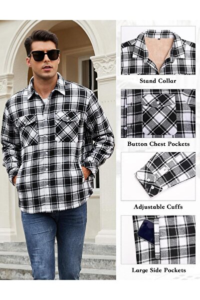 NO BRAND Mens Fleece Shirt Jacket Padded Button Down Warm Casual Plaid Coat with Pock