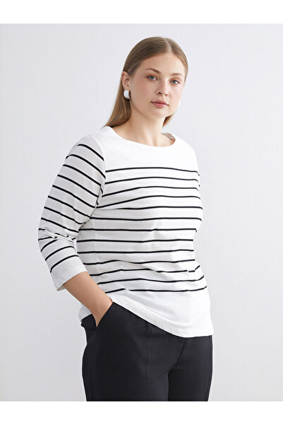 LC Waikiki Μαύρο γυναικείο μπλουζάκι με ριγέ λαιμόκοψη