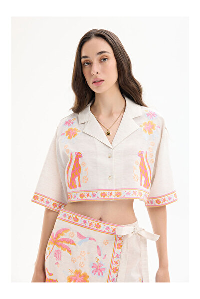 LC Waikiki Бежева сорочка з фігурним квітковим вишиванням з льону Naturel