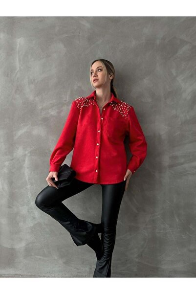 VELZANA Süet Kırmızı Taş Detaylı Gömlek