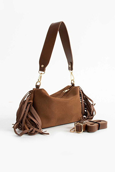 Glemix حقيبة كتف نسائية من جلد الغزال ساويف تابا مع تفاصيل شرابة وإغلاق بسحاب