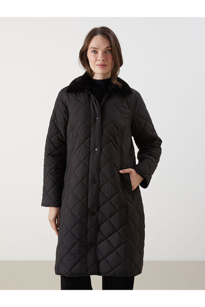 LC Waikiki Palton negru matlasat pentru femei cu guler cămașă