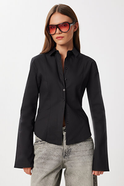 Lovelyİstanbul Bel Oturmalı İspanyol Kol Likrasız Gömlek LOY0001 SİYAH