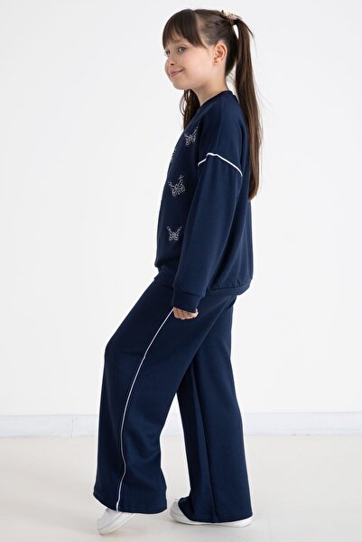 Cansın Mini Lacivert Payetli Kelebek İşlemeli Geniş Paça Kız Çocuk Eşofman Takımı 22735