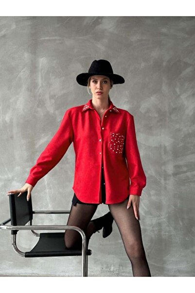 VELZANA Suede Red Pocket Stone Shirt