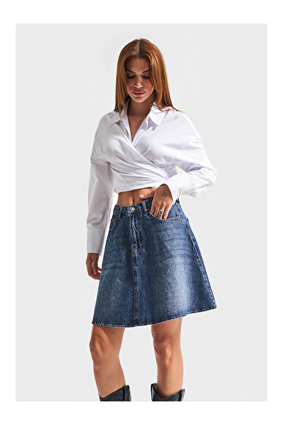 LC Waikiki Mavi Kadın T Jean Rengi 2w48 Volanlı Orta Boy Denim Etek