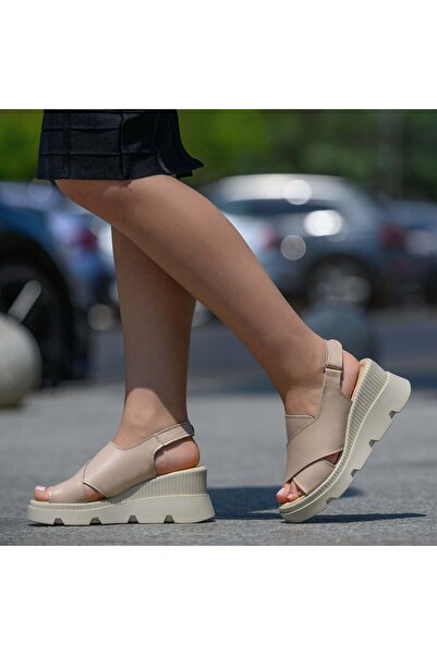 Modlet.ro Sandale cu platformă bej închis pentru femei, din piele MOD13279