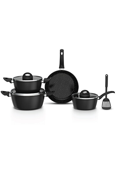 DELICI Nonstick Forged 8Pcs Cookware Set, Granite Finish, Glass Lids, PTFE Co...