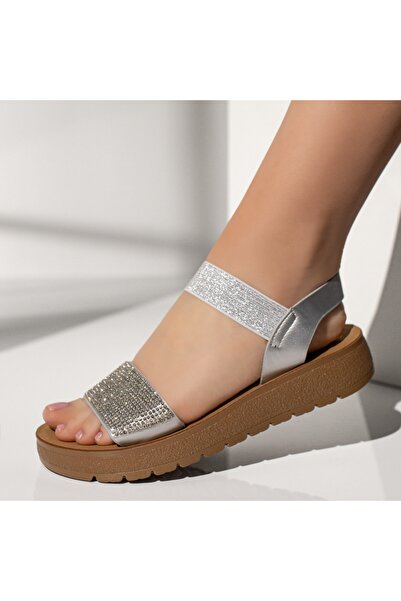 BMoD Sandale argintii pentru femei cu talpă groasă și aplicații cu pietre MOD...