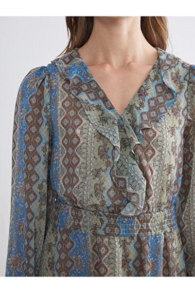 LC Waikiki Vision New Season V-Neck Floral Chiffon Waist-Tied Mini Dress