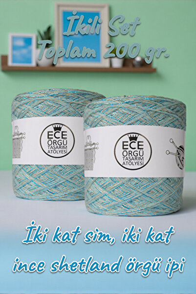 Ece Örgü Tasarım Atölyesi 2 kat açık mavi shetland ile 1 kat mavi ve 1 kat ten rengi gümüş viskon sim karışımı örgü ipi