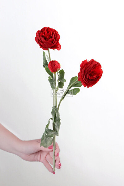 Yapay Çiçek Deposu Yapay Çiçek 3lü Şakayık Ranunculus Dalı 50 cm Kırmızı