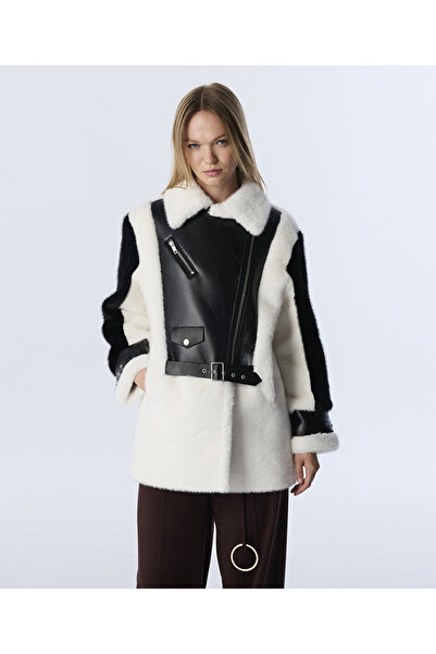 Twist Artificial Leather Mix Double Breasted Coat