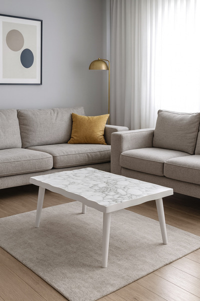 Azra Mobilya Modern Kavisli Orta Sehpa | MDF Üst Tabla Ahşap Ayaklı | DESENLİ...