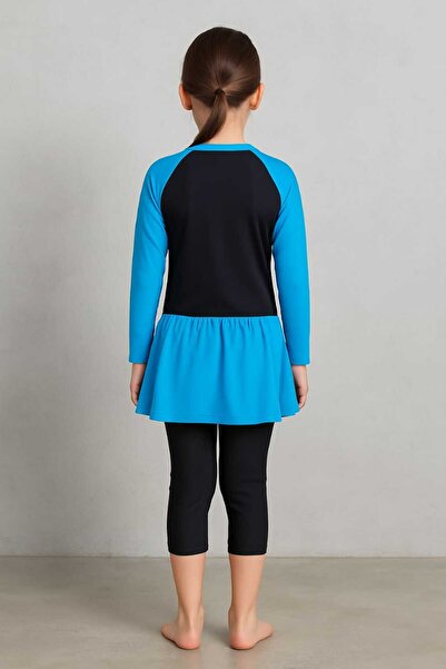 Candle Girls' Long Sleeve Islamic Swimsuit with Skirt and Head Cover - Blue and Black