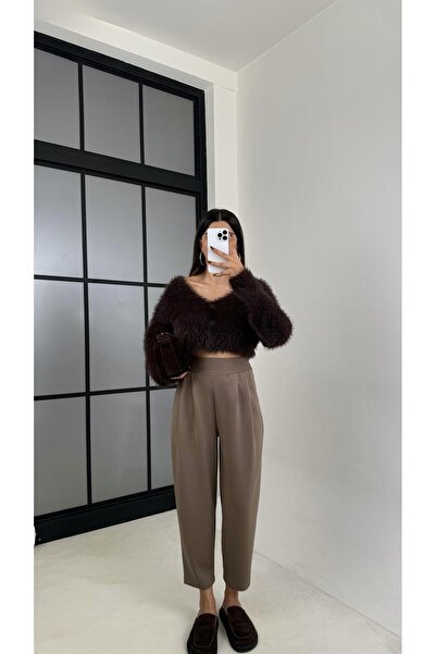 Gaus Kahve Beli Lastikli Modal Kumaş Şalvar Pantolon GAUS-00210