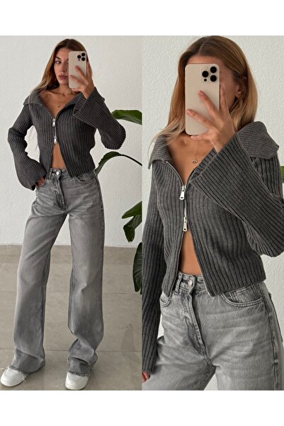 pelish Madonna Yaka Çift Fermuarlı Triko Kazak Hırka